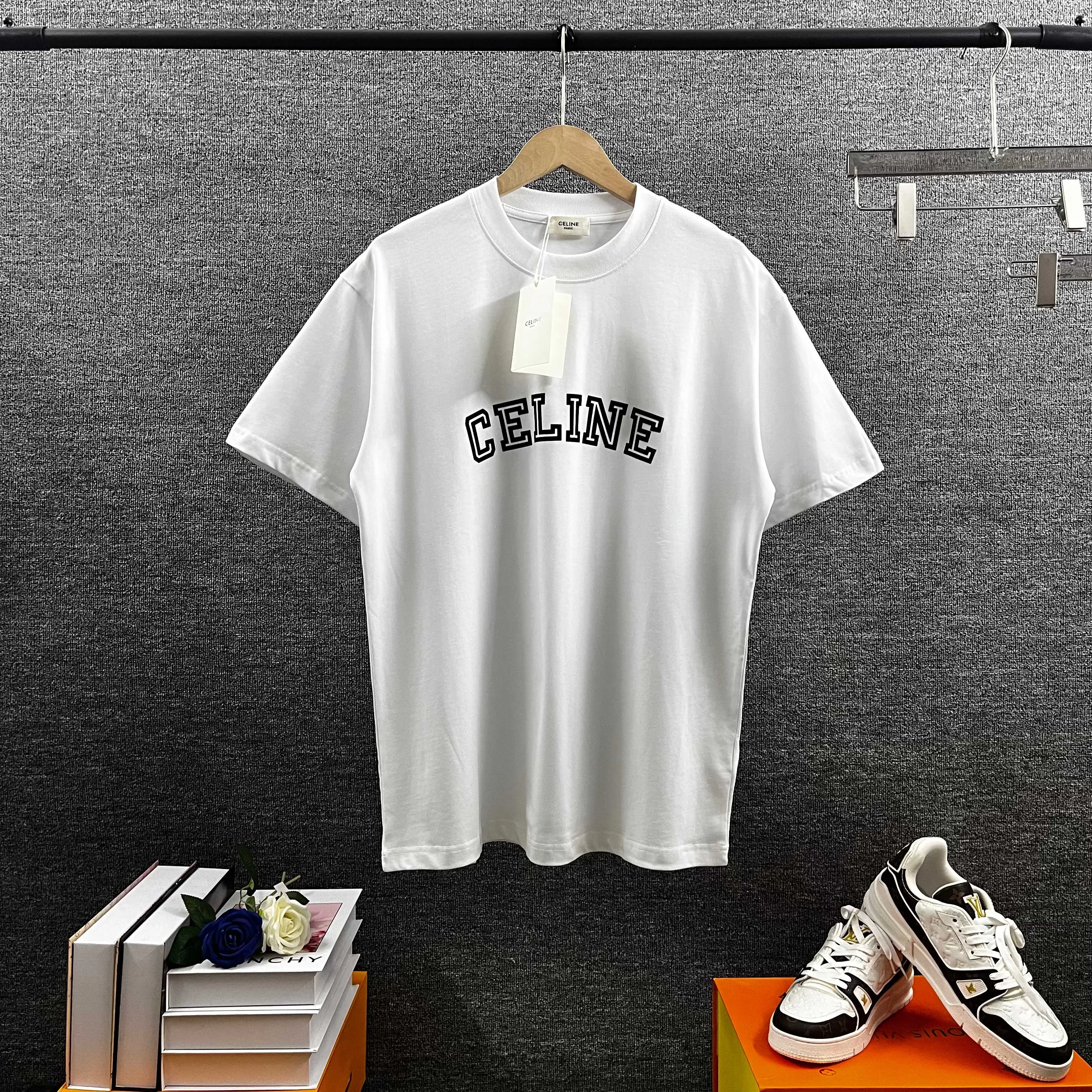 Cel* Ce*Lin 2025 spring and summer style Letter flocking logo technology Double yarn custom plain cotton fabric Short-sleeved T-shirt Men and women Same Style Size: S (90-130 pounds) M (120-150 pounds) L (140-165 pounds) XL (160-180 pounds) XXL (180-210 pounds) Color: Black White